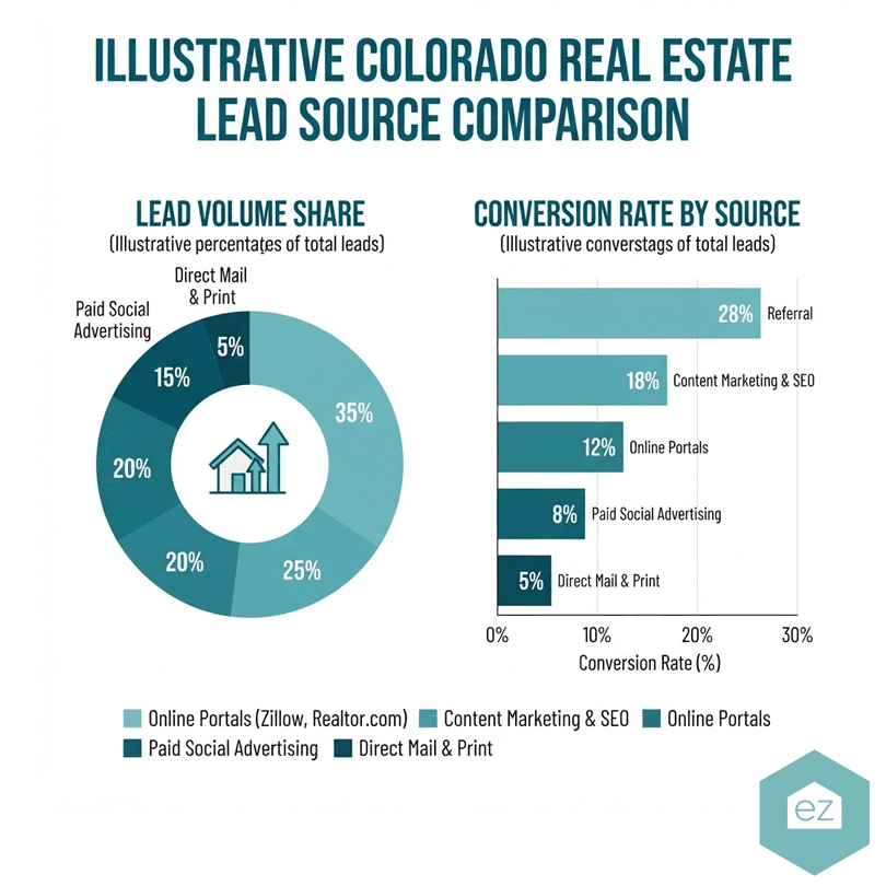 Pie and bar charts compare Colorado real estate leads by source, showing that online portals lead in volume while referrals lead in conversion; data is segmented to highlight the top Colorado real estate leads.