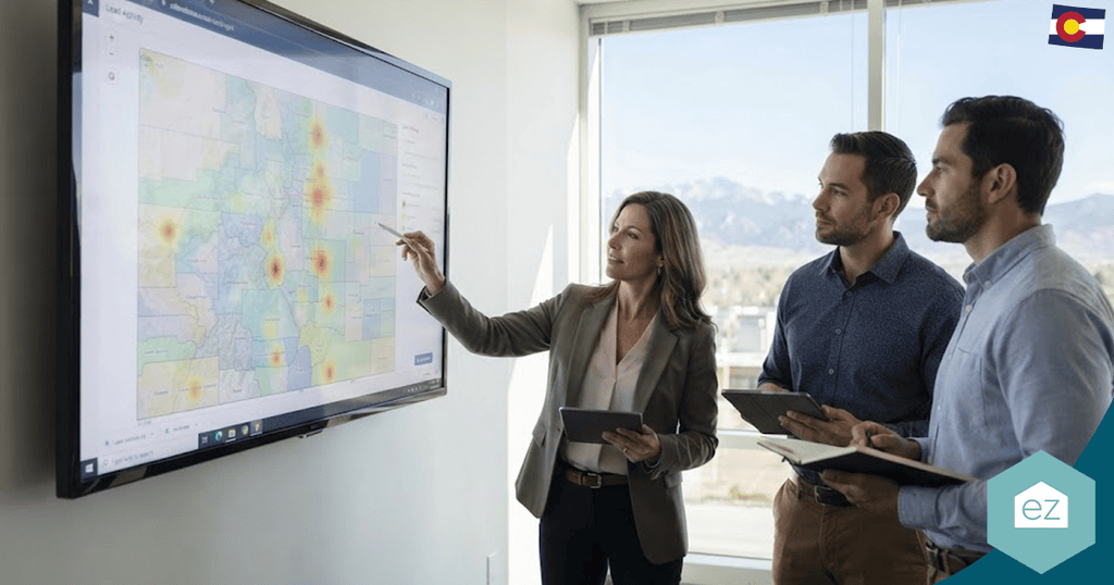 Three people review a heatmap on a wall-mounted monitor in an office with mountain views. One person points at the screen while the others observe and take notes, analyzing Colorado real estate leads to identify emerging market trends.