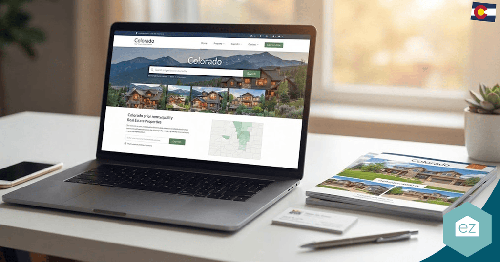 Laptop displaying a Colorado real estate website sits on a desk next to a brochure and business card, generating valuable Colorado real estate leads, with the Colorado flag in the top right corner.