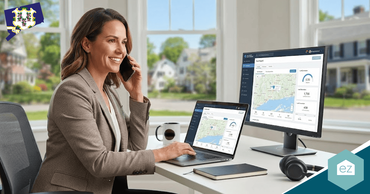 Woman in an office smiles while talking on the phone, working on a laptop and desktop displaying maps and data related to Connecticut real estate leads, with a notebook and headphones nearby.