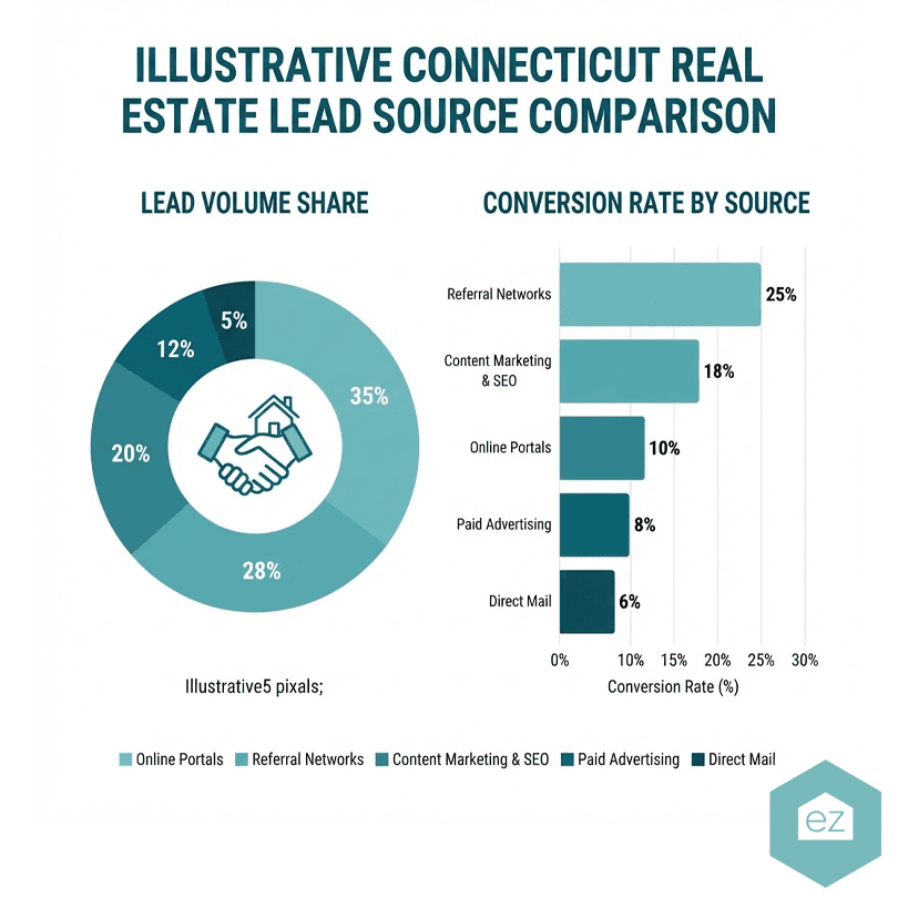 Pie chart and bar chart comparing Connecticut real estate leads by source and their conversion rates: Online Portals (35%, 10%), Referral Networks (28%, 25%), with other lead sources for Connecticut real estate shown at lower values.
