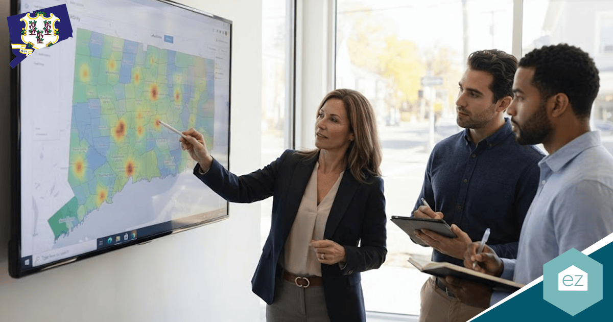 A woman points to a heat map on a large screen, illustrating Connecticut real estate leads as two men watch and take notes in a bright office setting.