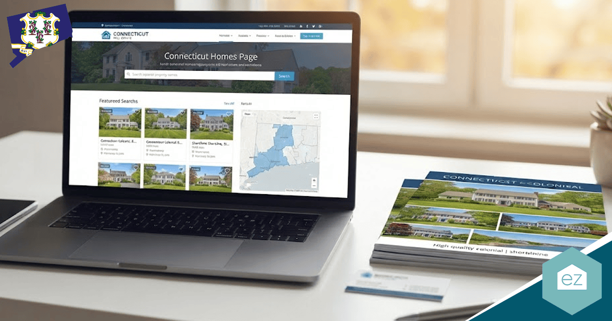 A laptop displays the Connecticut Homes Page real estate website, highlighting valuable Connecticut real estate leads. Nearby, printed brochures and the Connecticut state flag are visible.