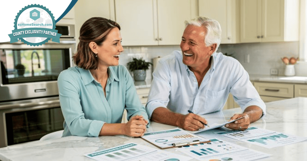 An older man and woman sit at a kitchen counter reviewing financial documents and charts together, both smiling—perhaps discussing strategies like how to reactivate old real estate leads to boost their investments.