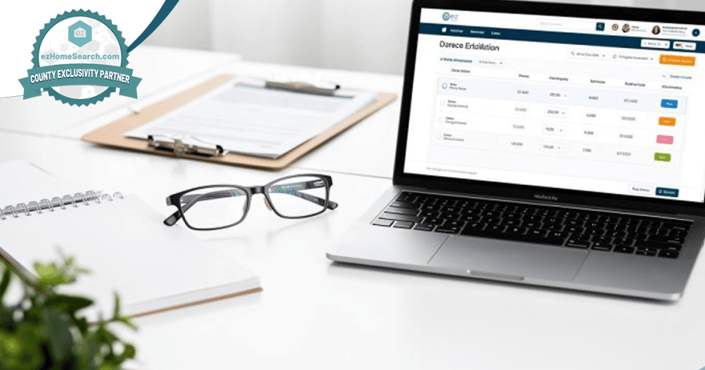 A laptop displaying a financial dashboard sits on a white desk next to glasses, a notebook detailing strategies on how to reactivate old real estate leads, a pen, and a clipboard.