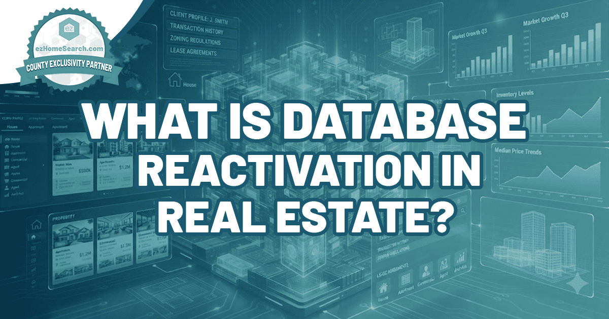 A digital graphic asks, “What is database reactivation in real estate?” with dynamic, real estate-themed data and charts in the background, visually illustrating the concept of re-engaging past clients and leads through strategic communication.