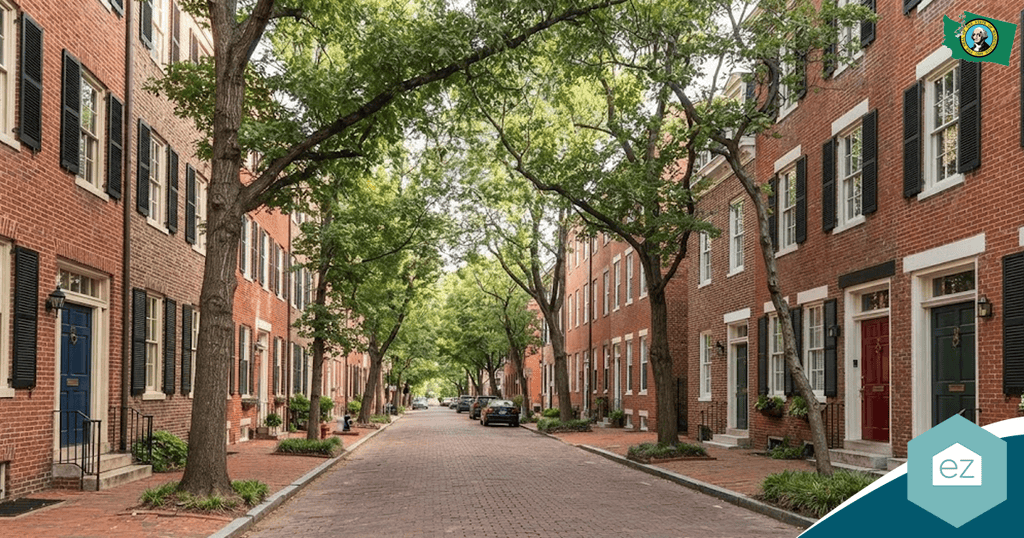 A quiet residential street lined with red brick row houses, shaded by large trees, with a few parked cars and a brick sidewalk on both sides—an inviting scene that perfectly illustrates the charm sought after by those searching for real estate leads in Washington DC.