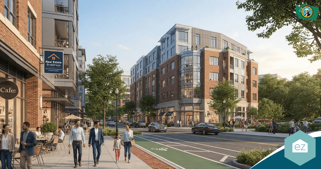 People walk along a tree-lined urban street with cafes, shops, and a real estate brokerage specializing in real estate leads in Washington DC; modern mid-rise buildings are in the background.