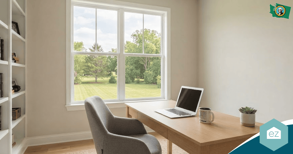 A minimalist home office with a gray chair, wooden desk, laptop, mug, small plant, bookshelf, and large window overlooking a green lawn and trees—perfect for professionals managing real estate leads in Washington DC.