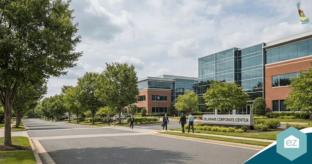 People walk on a sidewalk outside the Delaware Corporate Center, a modern brick and glass office building lined with trees on a cloudy day—a prime spot for generating Delaware real estate leads.