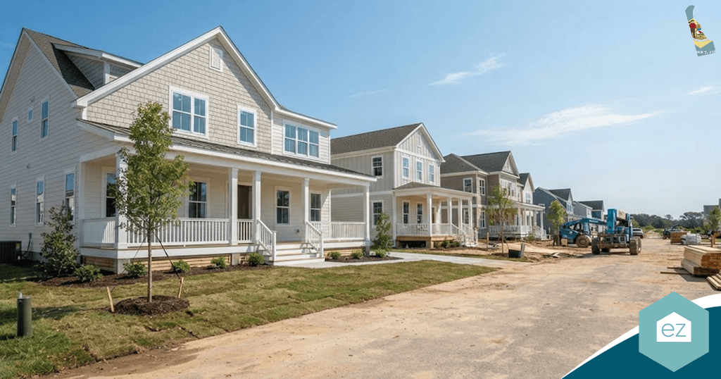 A row of newly built two-story houses with front porches lines a paved street under a clear sky; construction equipment and materials are visible, offering an inviting scene for those seeking Delaware real estate leads.