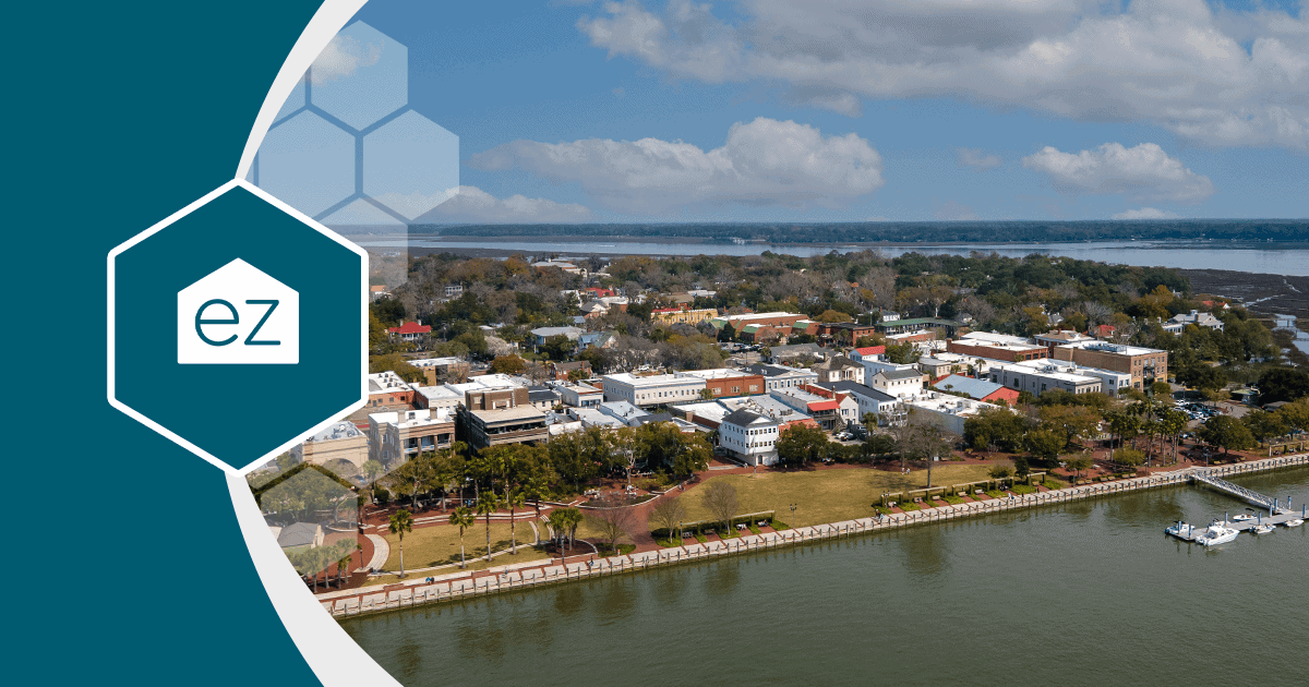 Aerial view of downtown Beaufort, South Carolina waterfront and docks in the southern Lowcountry