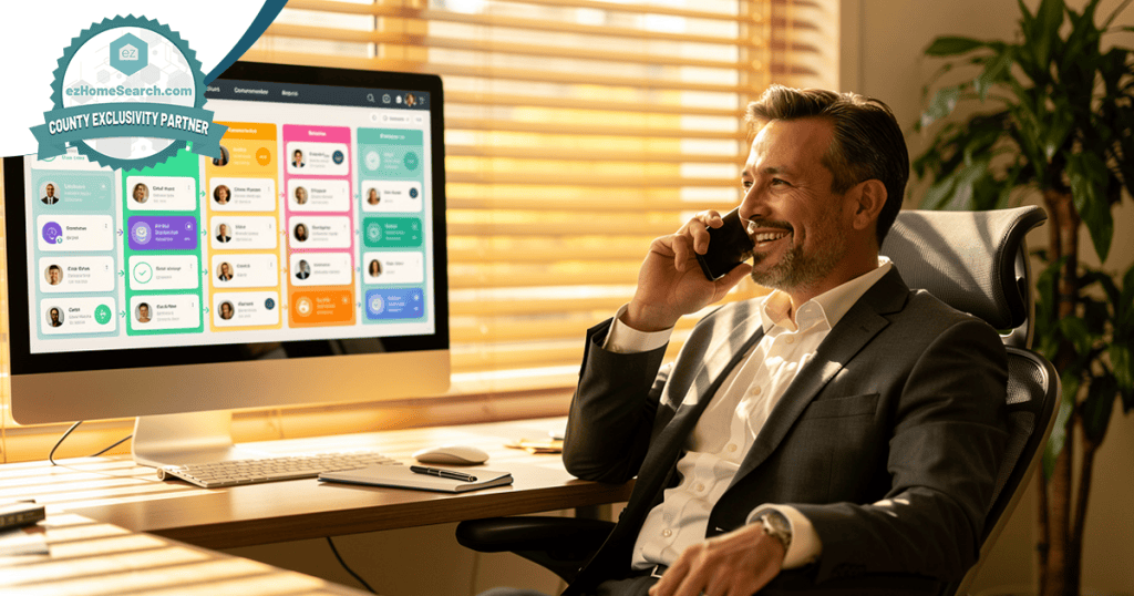 A man in a suit smiles while talking on the phone at his desk, possibly discussing strategies on how to nurture a real estate database. A computer monitor displays a colorful dashboard with multiple user profiles, while sunlight streams through window blinds.