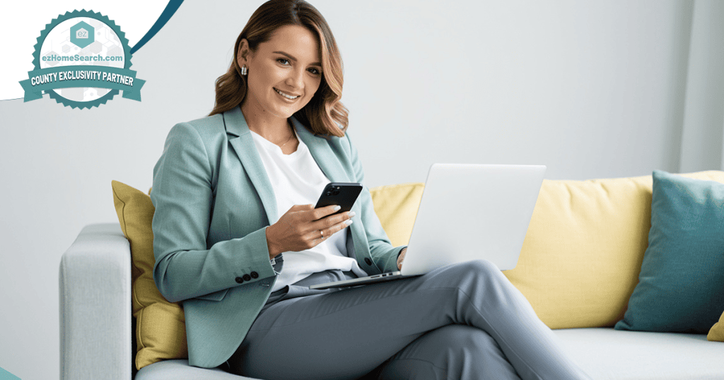 Woman in a blazer sitting on a couch, using a laptop and holding a smartphone—demonstrating how to nurture a real estate database with ease. A “County Exclusivity Partner” badge appears in the upper left corner.