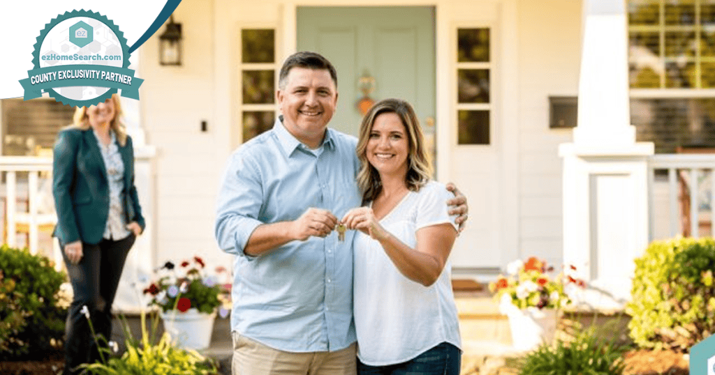 A smiling couple stands in front of a house holding keys, with a real estate agent in the background near the porch—an ideal moment that highlights the importance of knowing how to nurture a real estate database and build lasting client relationships.