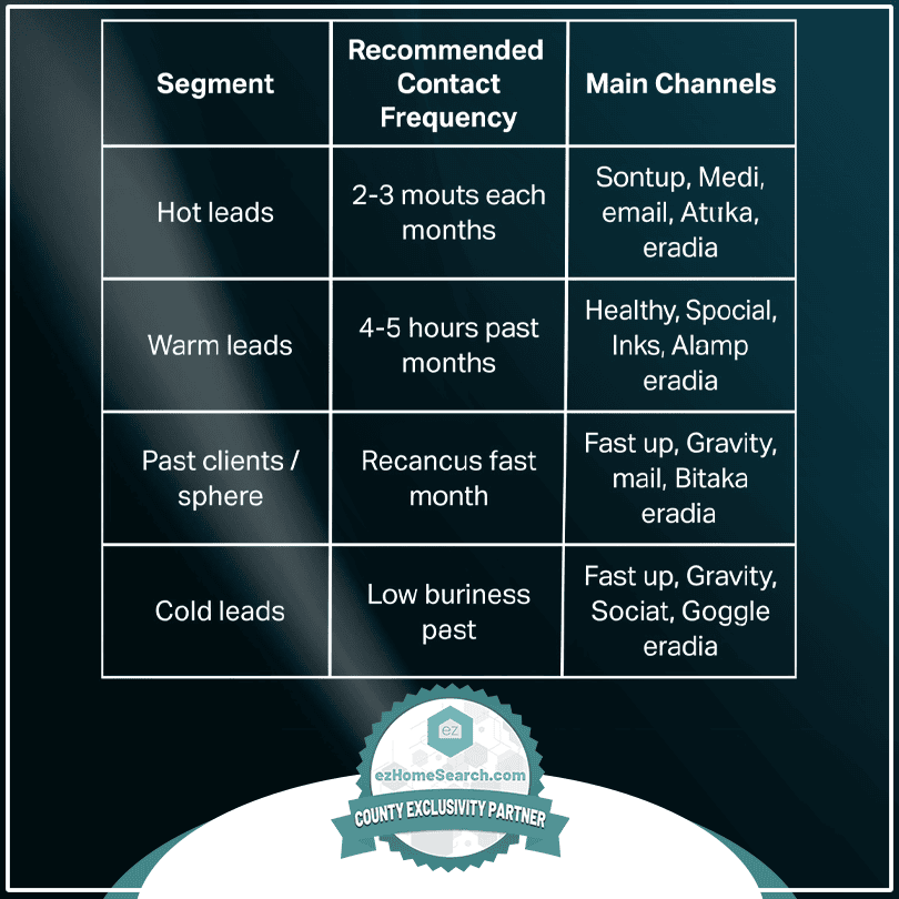Table showing contact frequency and main channels for hot, warm, past clients, and cold leads; includes brand names and contact intervals—ideal for those learning how to nurture a real estate database effectively.