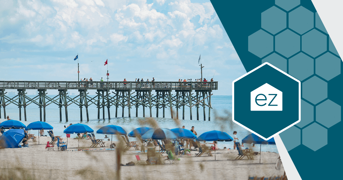 Beachgoers and a fishing pier at Myrtle Beach, South Carolina
