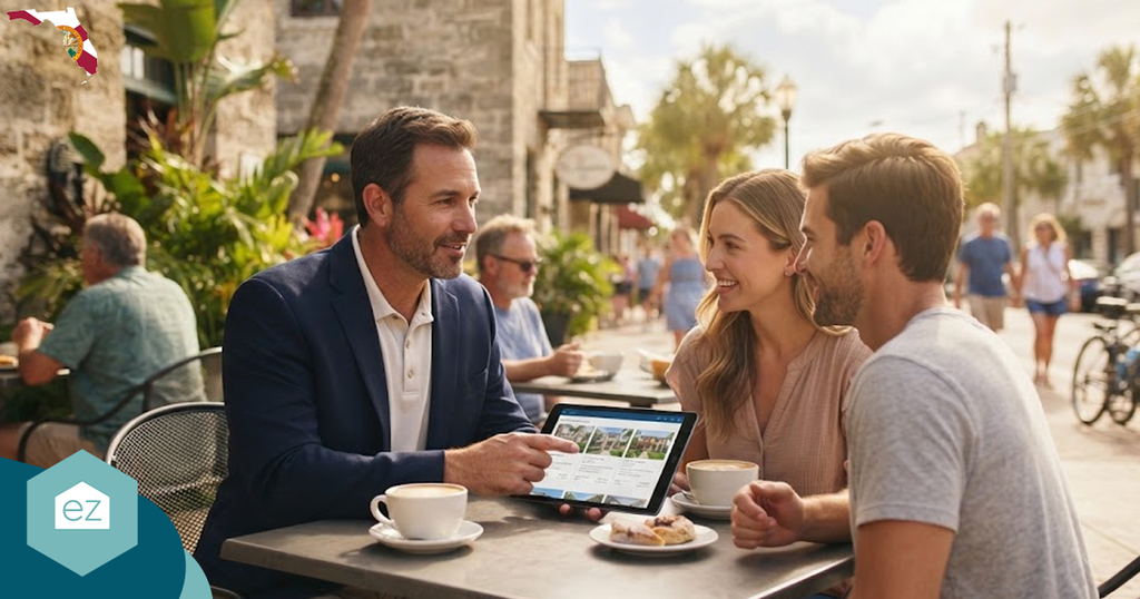 Three people sit at an outdoor café, discussing Florida real estate leads while viewing a website on a tablet. Coffee and pastries rest on the table amid palm trees and stone buildings.