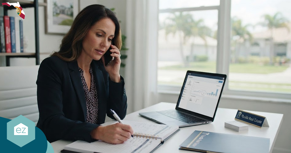 Businesswoman in a suit talks on the phone while noting Florida real estate leads at her desk with a laptop, documents, and business cards by sunny windows.