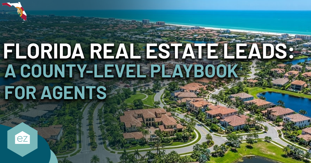 Aerial view of a Florida neighborhood with text overlay: “Florida Real Estate Leads: A County-Level Playbook for Agents.” Boost your Florida real estate leads today.