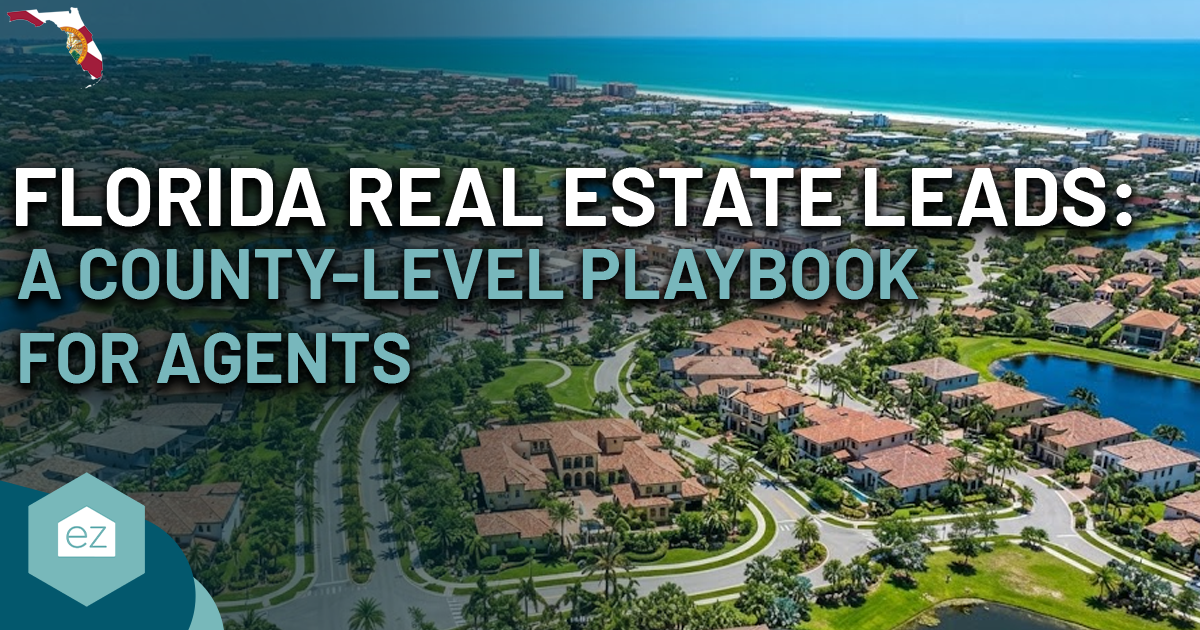 Aerial view of a Florida neighborhood with text overlay: “Florida Real Estate Leads: A County-Level Playbook for Agents.” Boost your Florida real estate leads today.