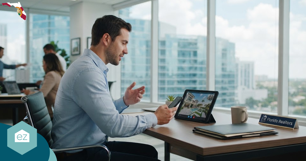Man in office sits at desk with a smartphone and tablet showing a house listing, “Florida Realtors” nameplate visible; cityscape behind—capturing top Florida real estate leads.
