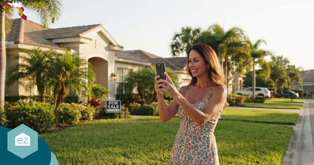 A woman in a floral dress snaps a photo with her phone outside a house with a “For Sale” sign, seeking Florida real estate leads on a sunny day.