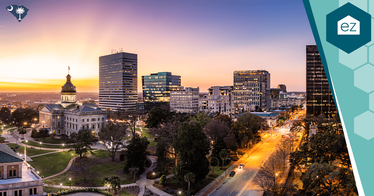 Columbia, South Carolina cityscape at sunset with the State House