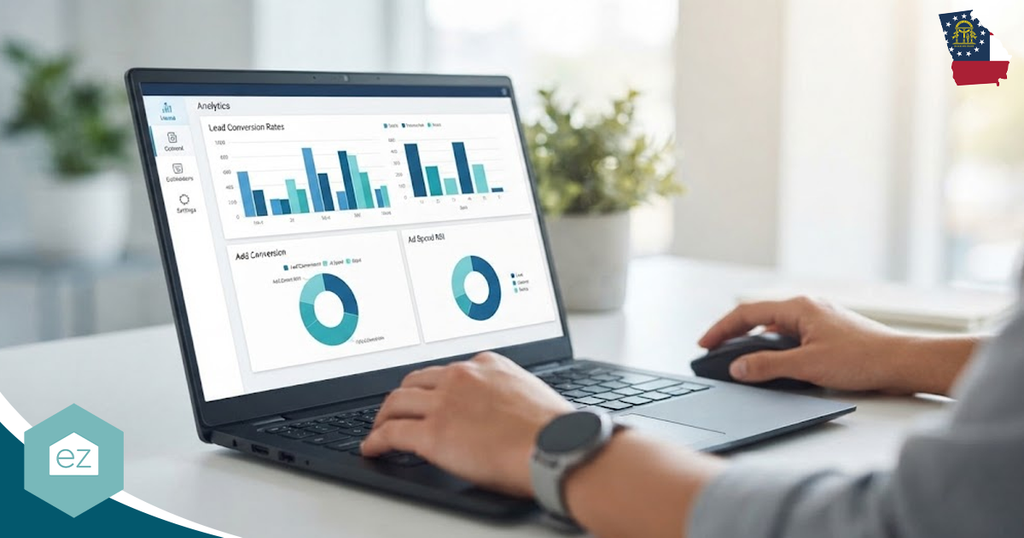 Person using a laptop displaying data analytics dashboards with bar and pie charts on the screen, analyzing Georgia real estate leads for market trends and opportunities.