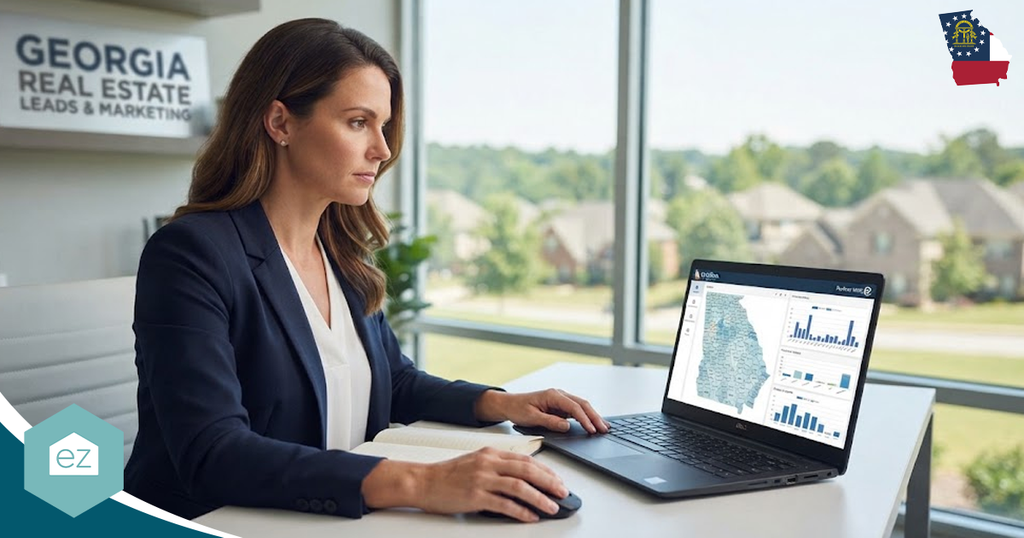 A woman in business attire works at a desk with a laptop displaying Georgia real estate leads and data charts. A sign reads “Georgia Real Estate Leads & Marketing,” while houses are visible outside the window.