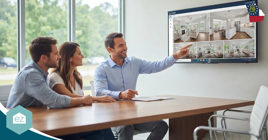 A man shows a couple real estate photos on a large monitor in a bright office, discussing different rooms of a home while highlighting valuable Georgia real estate leads.