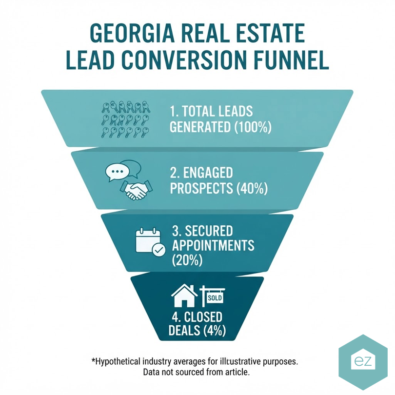 Infographic of Georgia real estate leads conversion funnel showing total leads, engaged prospects, secured appointments, and closed deals with respective percentages.