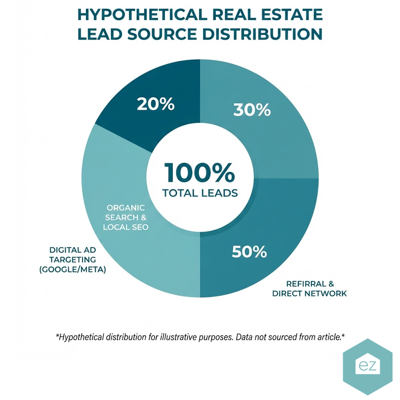 A donut chart shows Georgia real estate leads by source: 50% referral/direct network, 30% organic search/SEO, and 20% digital ad targeting. Total leads are labeled 100%.
