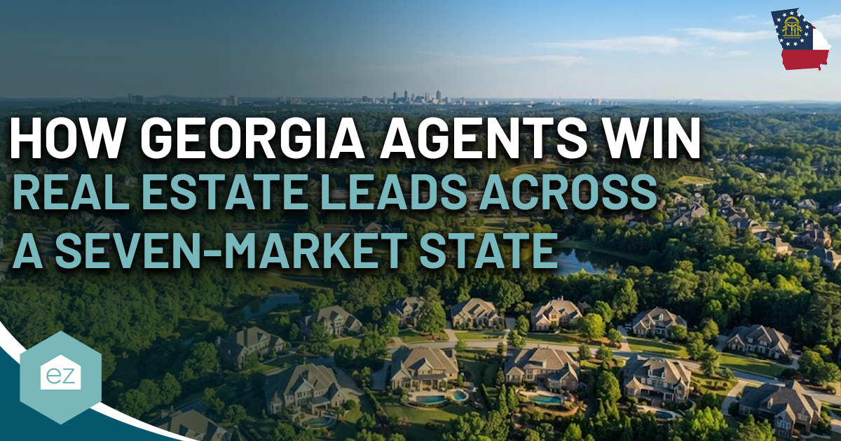 Arial view of suburban homes surrounded by greenery with text: “How Georgia Agents Win Georgia Real Estate Leads Across a Seven-Market State.” Georgia state flag icon in top right corner.