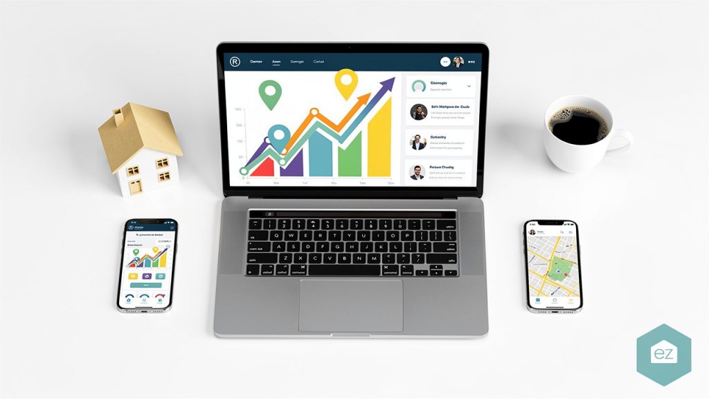 A laptop displaying graphs is on a white desk with a coffee cup, a small house model, and two smartphones showing apps and a map.