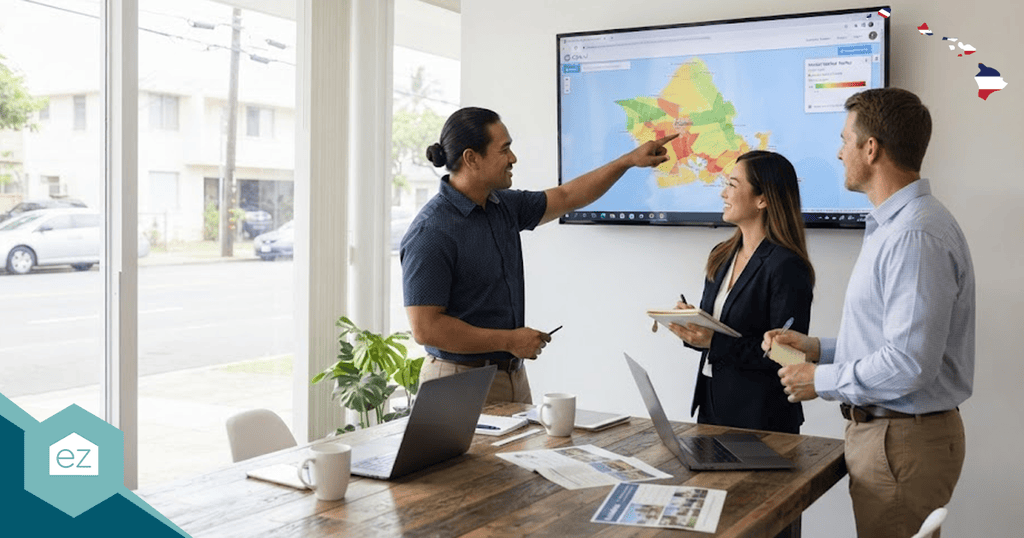 Three people in business attire discuss a colorful map displayed on a wall-mounted screen in a bright office with laptops and documents on the table, strategizing ways to generate Hawaii real estate leads.