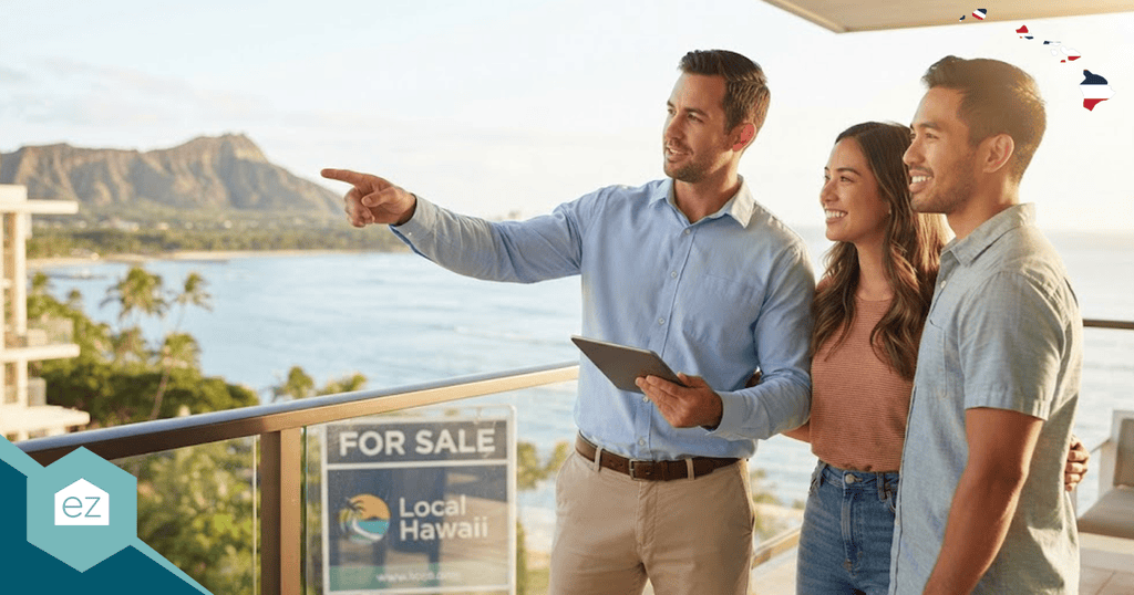 A real estate agent shows a smiling couple a balcony view of the ocean and Diamond Head with a “For Sale” sign visible on the railing, capturing an ideal moment to attract Hawaii real estate leads.