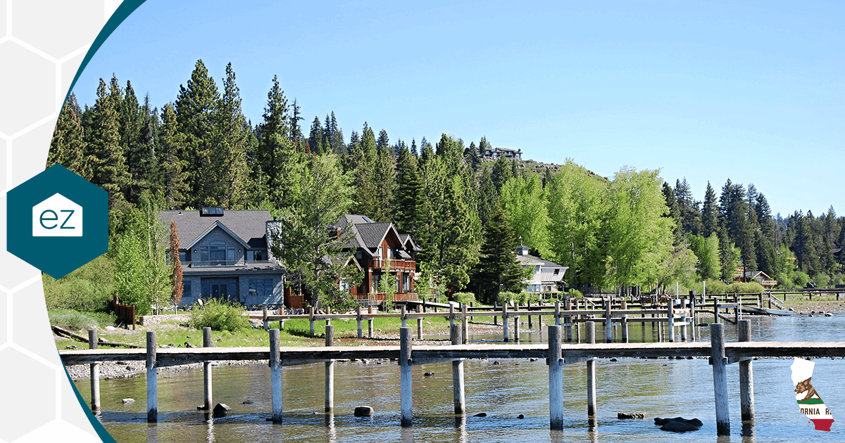 Lakefront homes and a pier at Lake Tahoe