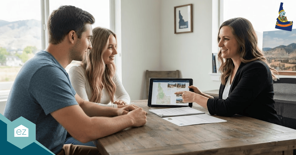 A woman shows a map on a tablet to a man and woman seated across from her at a wooden table in an office with a scenic background, discussing Idaho real estate leads.
