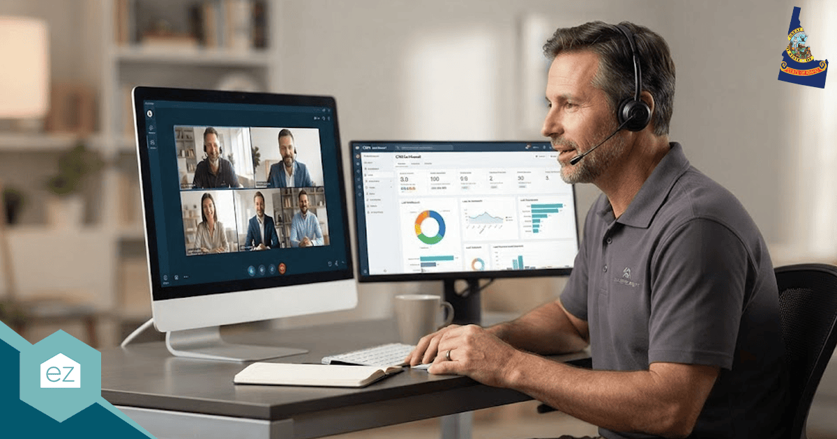 Man wearing a headset participates in a video conference call at his desk, with charts displayed on a second monitor and a notebook open in front of him, discussing strategies to generate Idaho real estate leads.