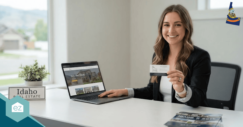 A woman in business attire sits at a desk, holding a business card, with a laptop displaying Idaho real estate leads on a real estate website and magazines on the table.