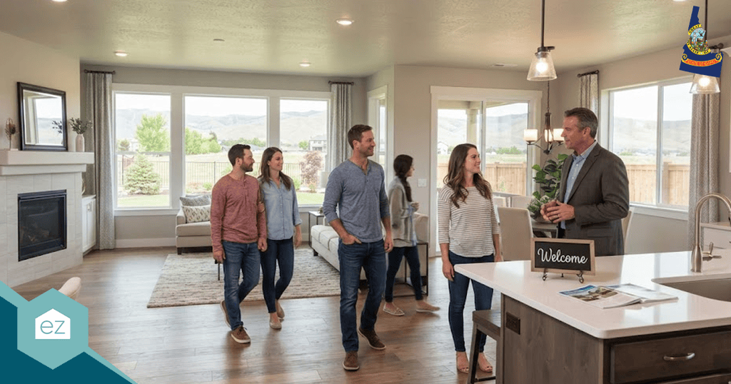 A group of people tour a modern, bright home with large windows, hardwood floors, and a kitchen area; a man appears to be guiding the group as they explore potential Idaho real estate leads.