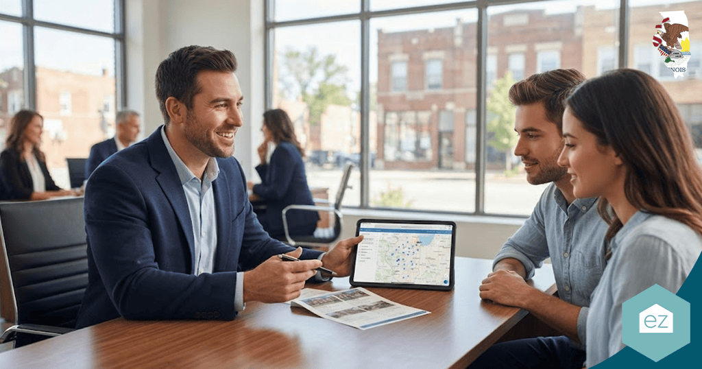 A man in a suit shows a tablet with a map to a smiling couple at a desk in an office with large windows, discussing potential Illinois real estate leads.