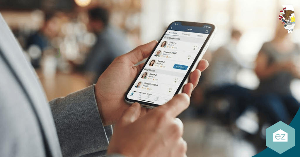 A person holds a smartphone displaying a mobile app with a list of contacts and chat options, perfect for managing Illinois real estate leads, in a blurred indoor setting.