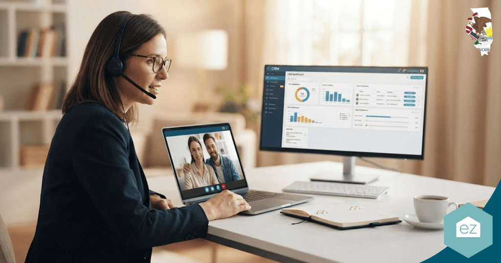 Woman wearing headset sits at desk, video calling two people on her laptop and viewing charts and data—focused on Illinois real estate leads—on her desktop monitor; a notebook and pen sit beside her.
