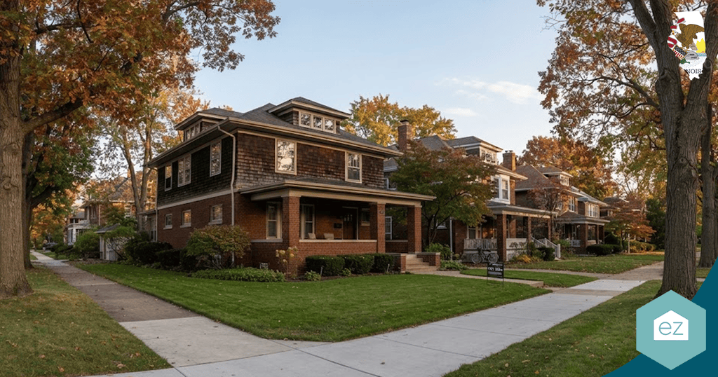A row of two-story brick houses with front porches, surrounded by trees with autumn foliage, lines a quiet residential street—an inviting scene for those seeking Illinois real estate leads.