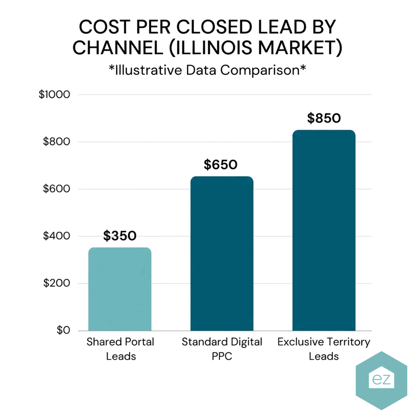 Bar chart compares cost per closed lead for Illinois real estate leads: $350 for Shared Portal Leads, $650 for Standard Digital PPC, and $850 for Exclusive Territory Leads.
