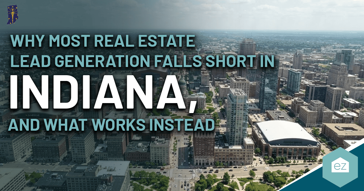 Aerial view of an urban cityscape with text about generating Indiana real estate leads and exploring alternative strategies that work even better.