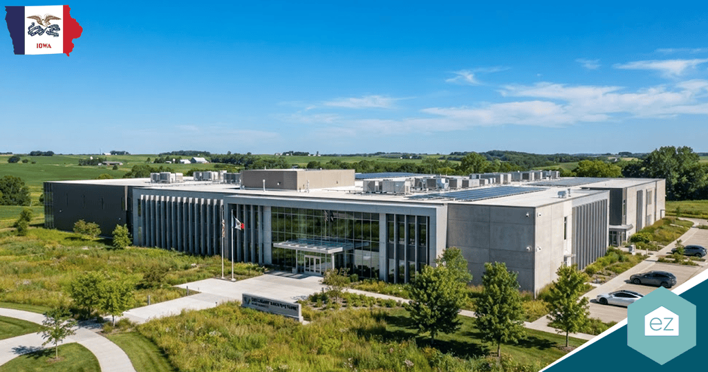 A modern, rectangular office building stands amid landscaped greenery under a blue sky, with the U.S. and Iowa state flags by the entrance—an ideal hub for generating Iowa real estate leads.