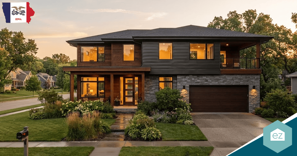 Modern two-story house with large windows, landscaped front yard, and driveway at dusk. Iowa state outline shown in the top left corner, with an “ez” logo in the bottom right—a perfect visual for generating Iowa real estate leads.